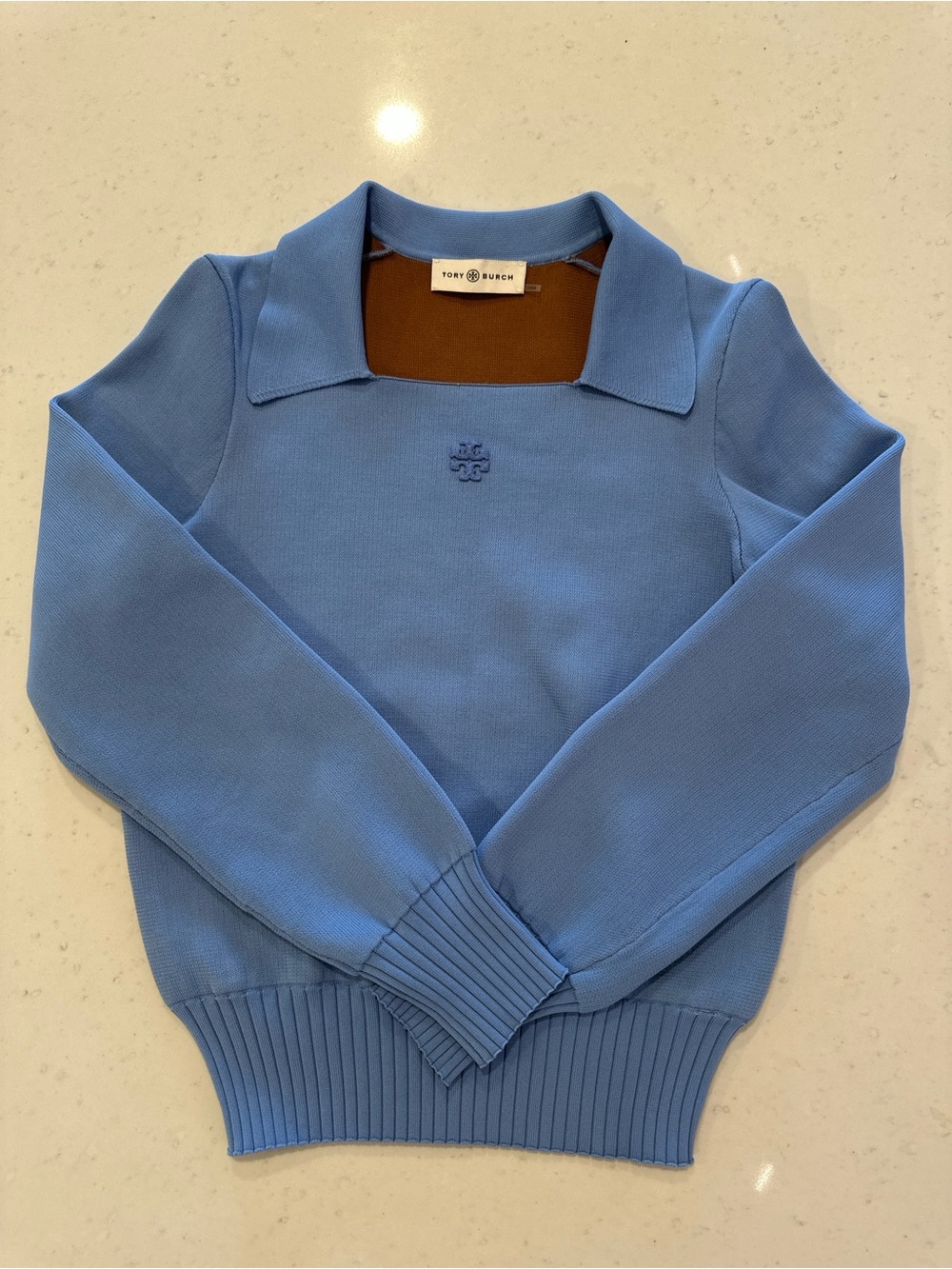 NWOT Tory Burch Small Blue Knit Collar Sweater Structured Knit Long Sleeve